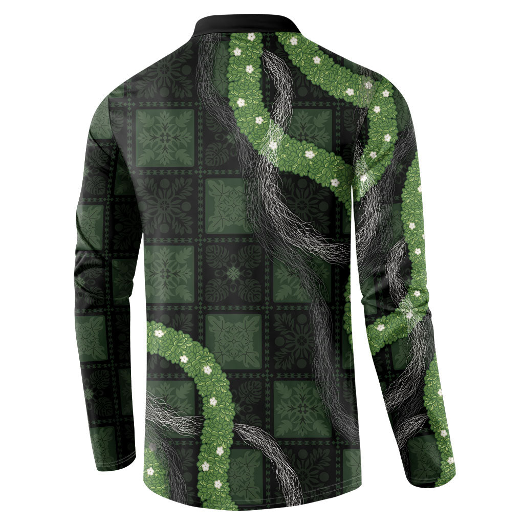 Hawaiian Quilt Button Sweatshirt Pele Hair Hinahina Lei Black Version