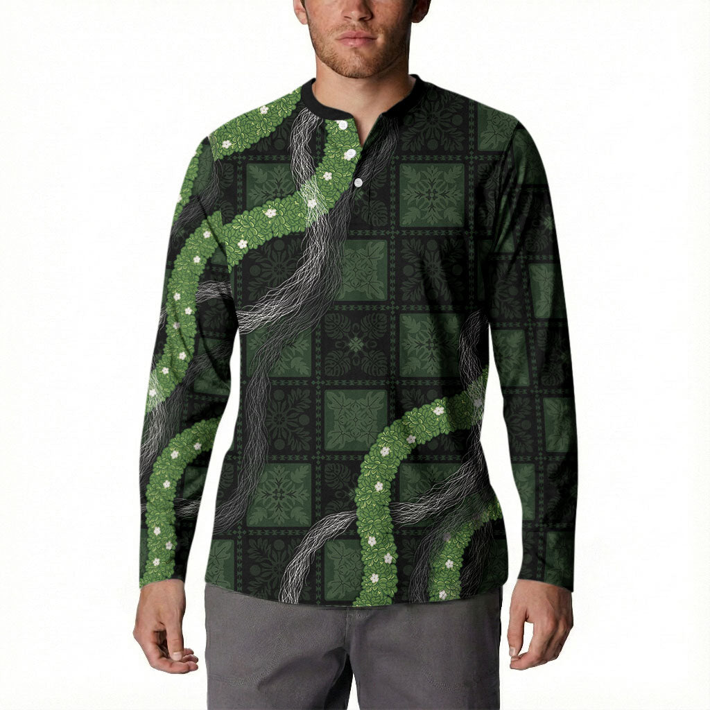 Hawaiian Quilt Button Sweatshirt Pele Hair Hinahina Lei Black Version