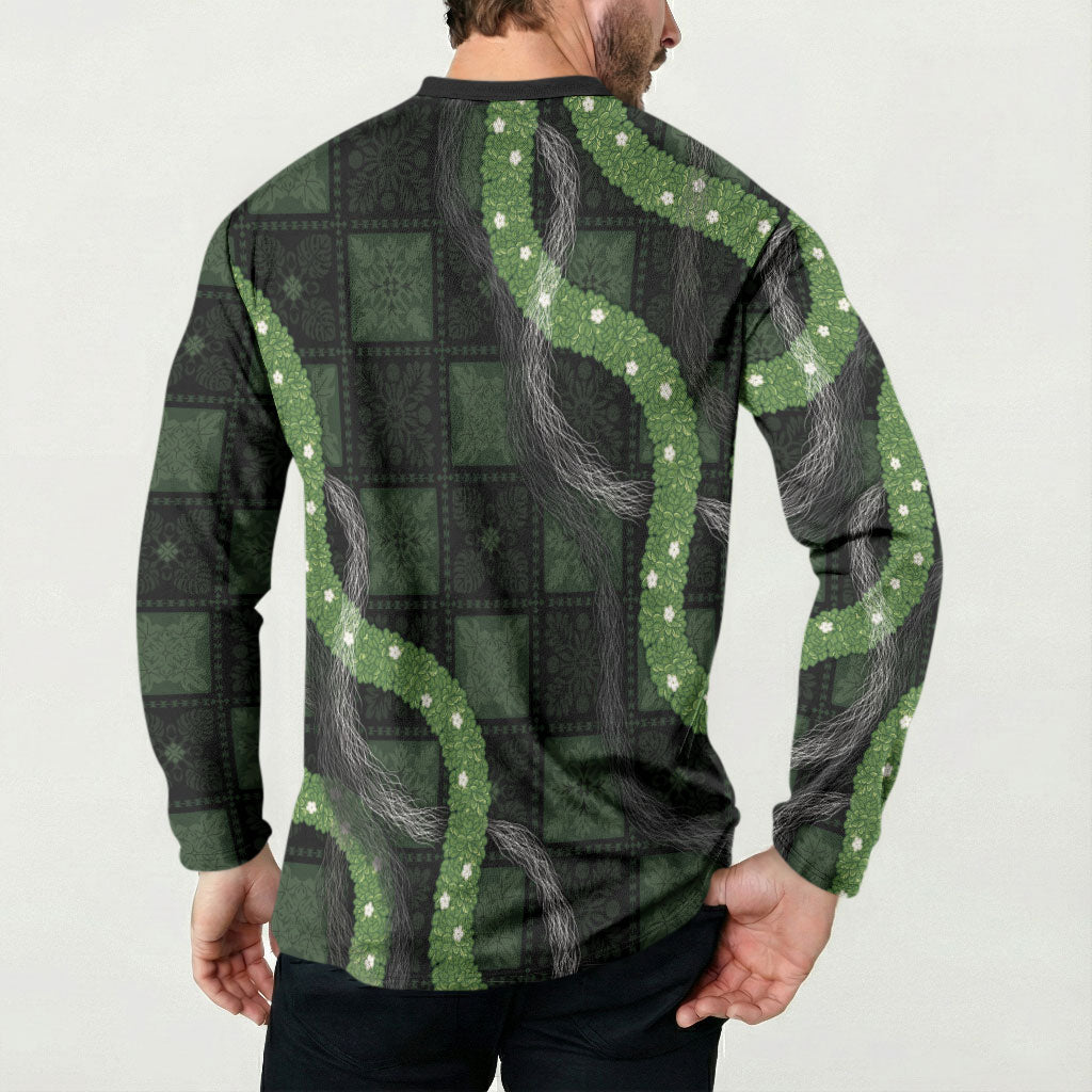 Hawaiian Quilt Button Sweatshirt Pele Hair Hinahina Lei Black Version
