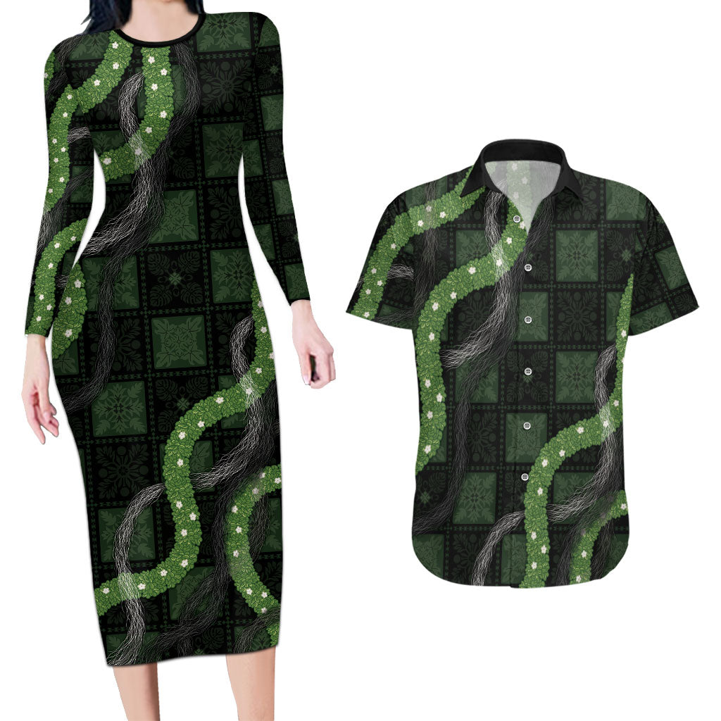 Hawaiian Quilt Couples Matching Long Sleeve Bodycon Dress and Hawaiian Shirt Pele Hair Hinahina Lei Black Version LT05 Black - Polynesian Pride