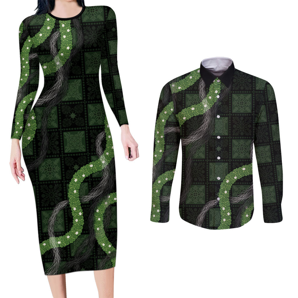 Hawaiian Quilt Couples Matching Long Sleeve Bodycon Dress and Long Sleeve Button Shirt Pele Hair Hinahina Lei Black Version