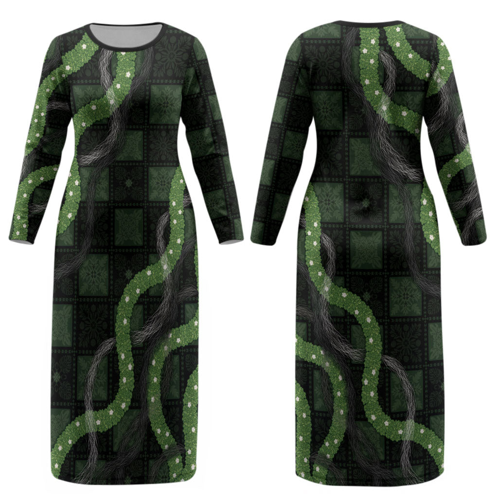 Hawaiian Quilt Couples Matching Long Sleeve Bodycon Dress and Long Sleeve Button Shirt Pele Hair Hinahina Lei Black Version LT05 - Polynesian Pride