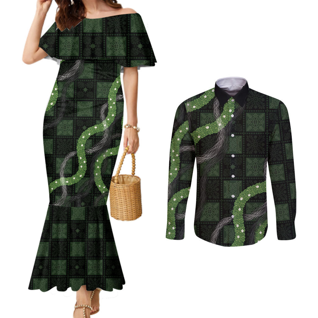 Hawaiian Quilt Couples Matching Mermaid Dress and Long Sleeve Button Shirt Pele Hair Hinahina Lei Black Version