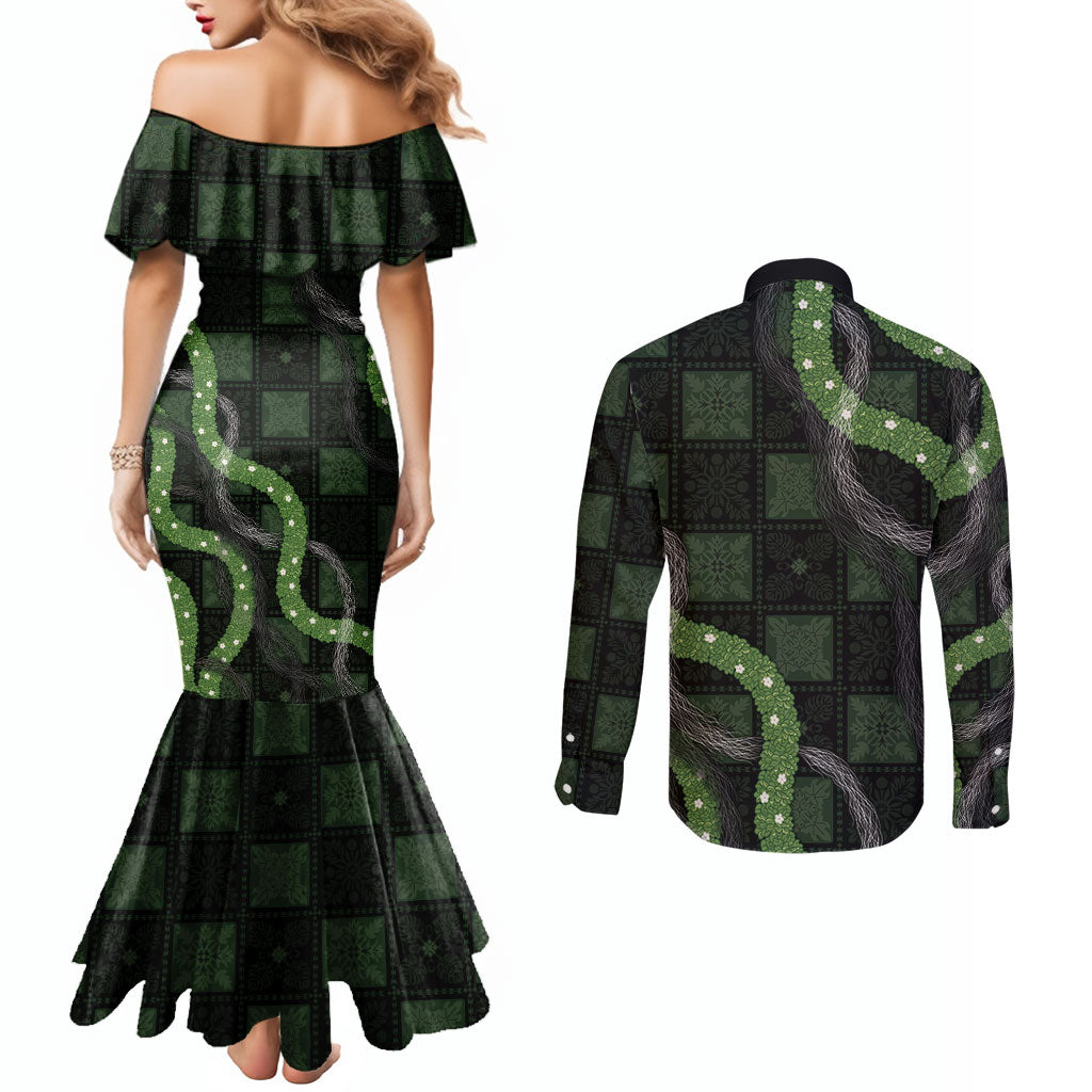 Hawaiian Quilt Couples Matching Mermaid Dress and Long Sleeve Button Shirt Pele Hair Hinahina Lei Black Version