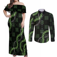 Hawaiian Quilt Couples Matching Off Shoulder Maxi Dress and Long Sleeve Button Shirt Pele Hair Hinahina Lei Black Version