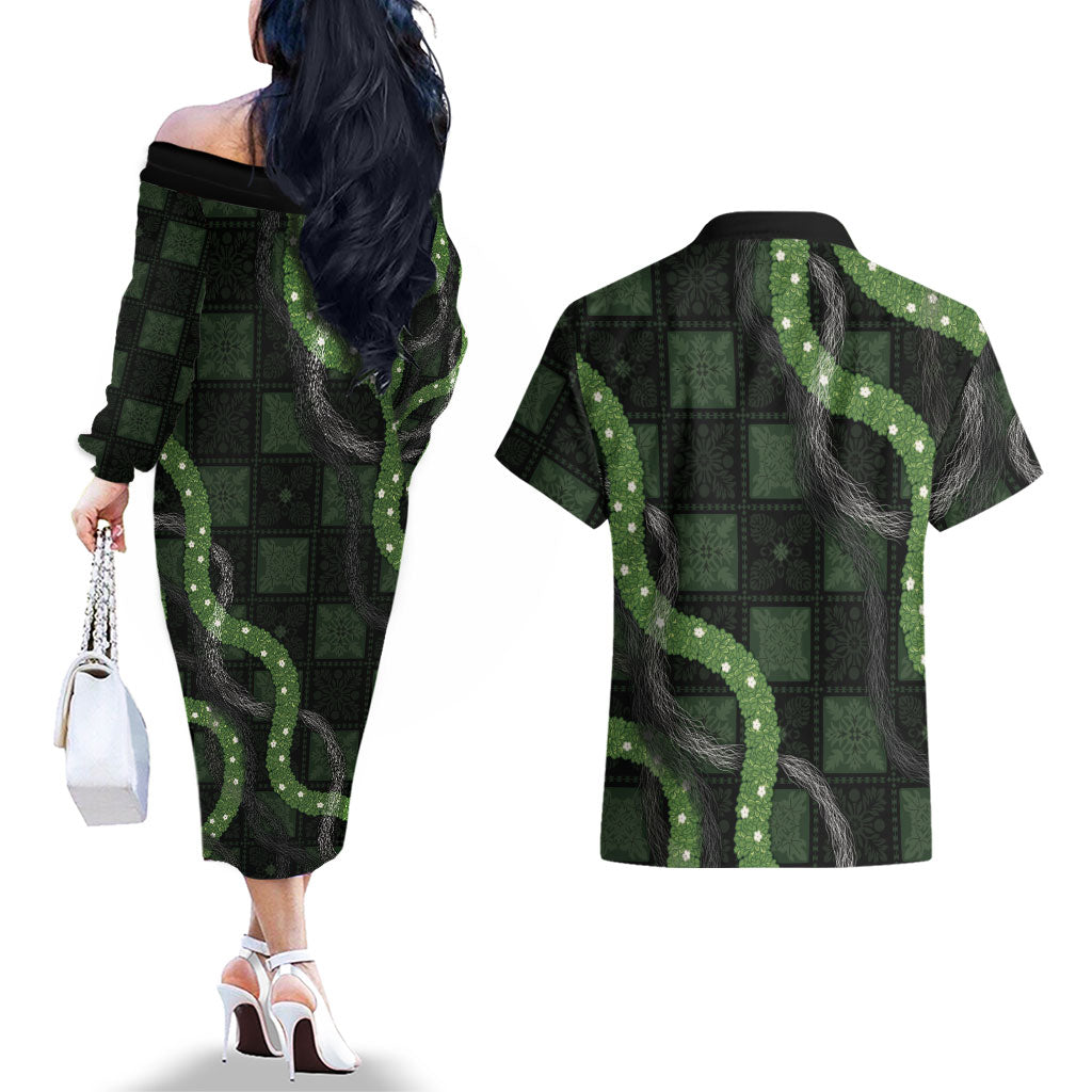 Hawaiian Quilt Couples Matching Off The Shoulder Long Sleeve Dress and Hawaiian Shirt Pele Hair Hinahina Lei Black Version LT05 - Polynesian Pride