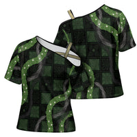 Hawaiian Quilt Cross Shoulder Shirt Pele Hair Hinahina Lei Black Version