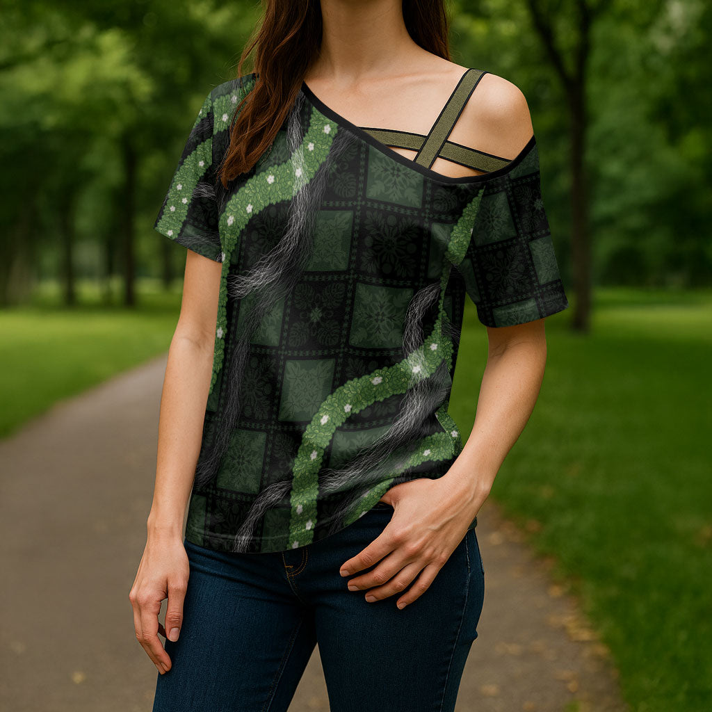 Hawaiian Quilt Cross Shoulder Shirt Pele Hair Hinahina Lei Black Version