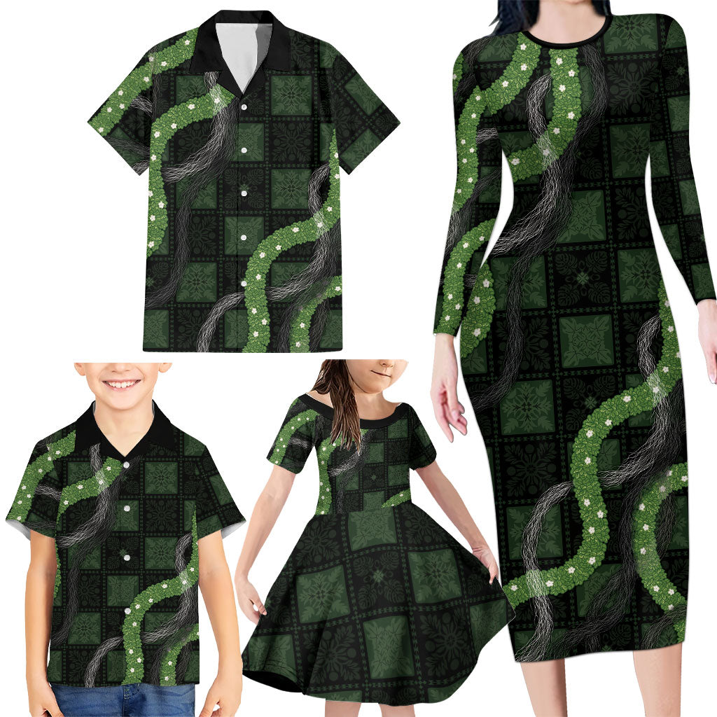 Hawaiian Quilt Family Matching Long Sleeve Bodycon Dress and Hawaiian Shirt Pele Hair Hinahina Lei Black Version