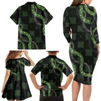 Hawaiian Quilt Family Matching Long Sleeve Bodycon Dress and Hawaiian Shirt Pele Hair Hinahina Lei Black Version LT05 - Polynesian Pride