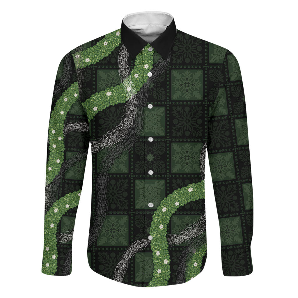 Hawaiian Quilt Family Matching Long Sleeve Bodycon Dress and Hawaiian Shirt Pele Hair Hinahina Lei Black Version LT05 Dad's Shirt - Long Sleeve Black - Polynesian Pride