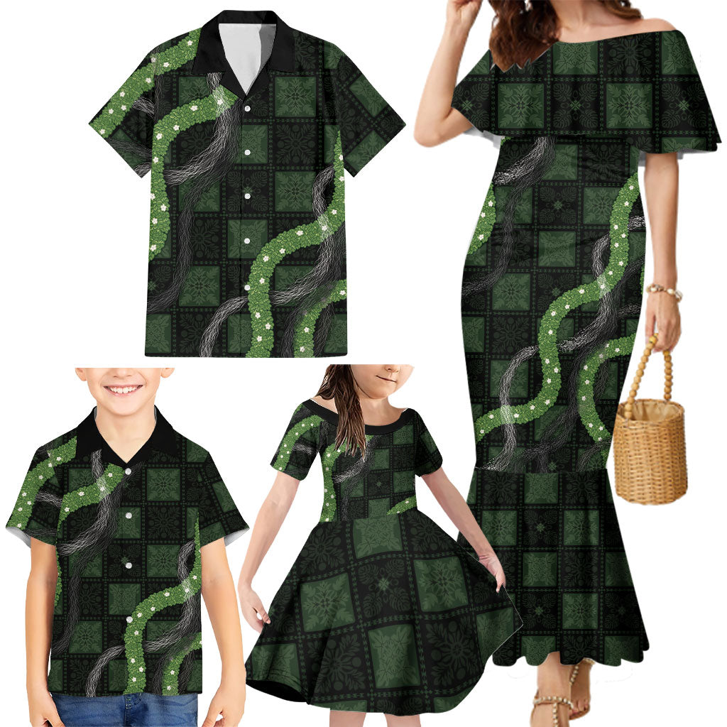 Hawaiian Quilt Family Matching Mermaid Dress and Hawaiian Shirt Pele Hair Hinahina Lei Black Version LT05 - Polynesian Pride