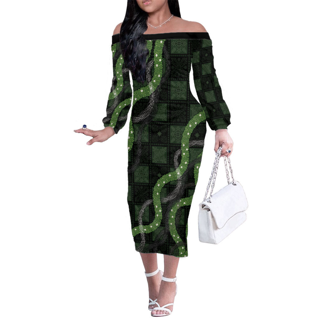 Hawaiian Quilt Family Matching Off The Shoulder Long Sleeve Dress and Hawaiian Shirt Pele Hair Hinahina Lei Black Version LT05 Mom's Dress Black - Polynesian Pride