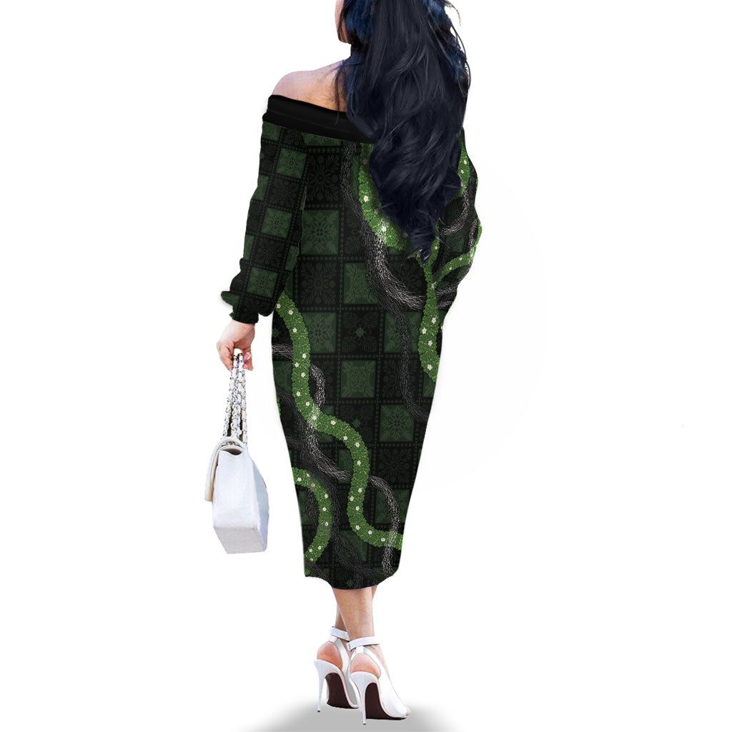 Hawaiian Quilt Family Matching Off The Shoulder Long Sleeve Dress and Hawaiian Shirt Pele Hair Hinahina Lei Black Version LT05 - Polynesian Pride