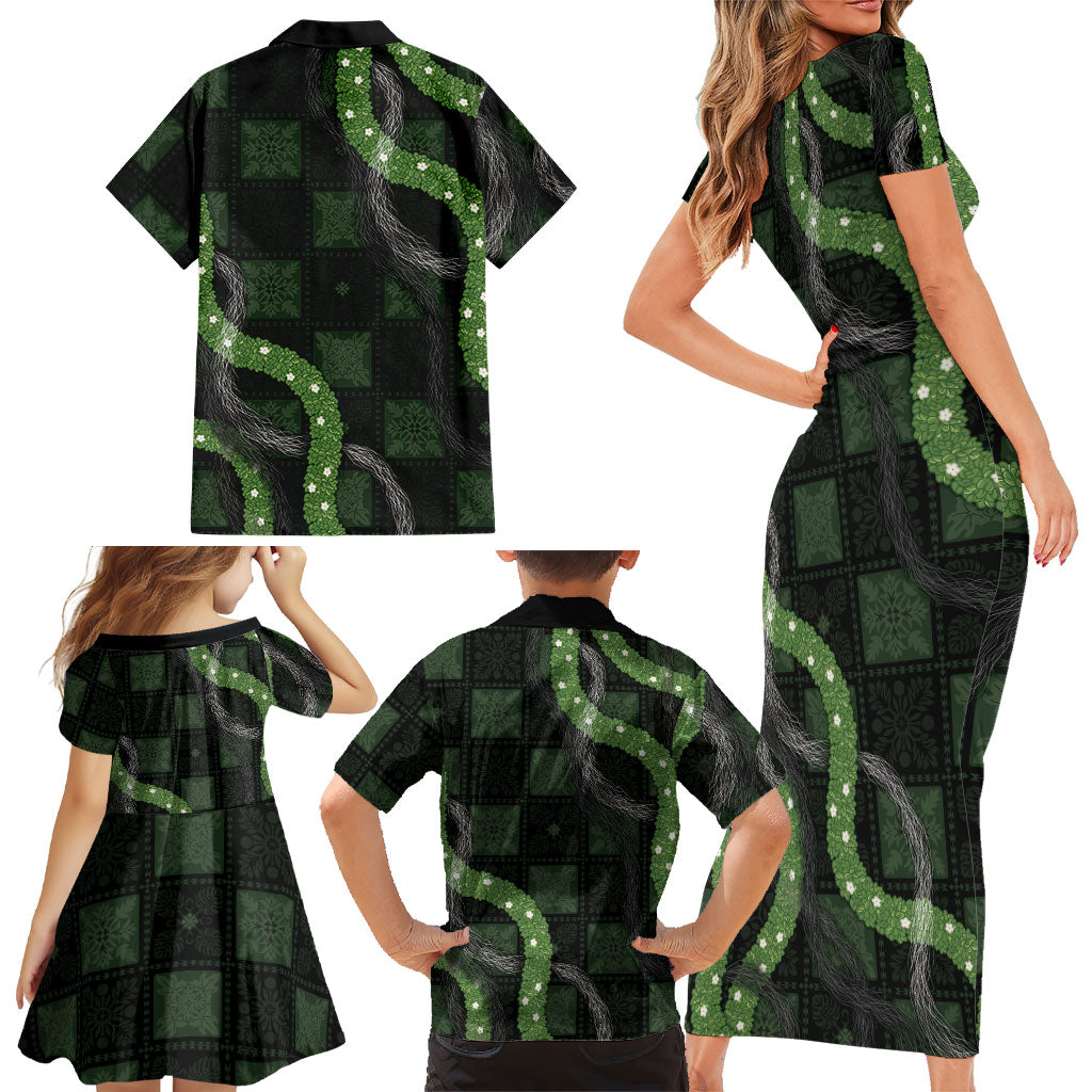 Hawaiian Quilt Family Matching Short Sleeve Bodycon Dress and Hawaiian Shirt Pele Hair Hinahina Lei Black Version LT05 - Polynesian Pride