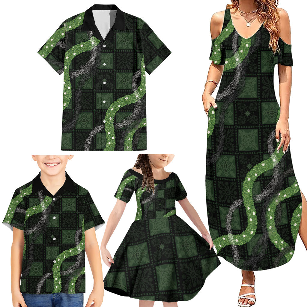 Hawaiian Quilt Family Matching Summer Maxi Dress and Hawaiian Shirt Pele Hair Hinahina Lei Black Version