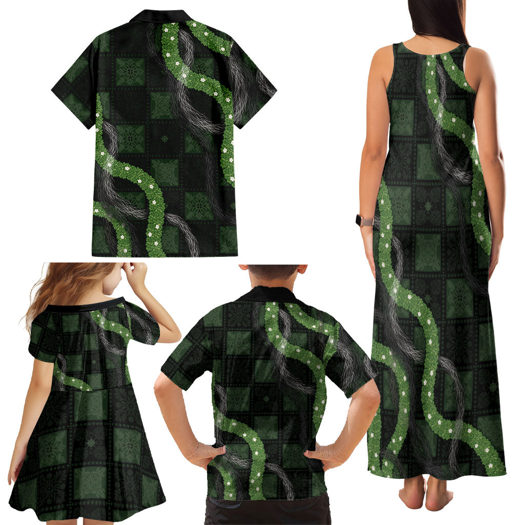 Hawaiian Quilt Family Matching Tank Maxi Dress and Hawaiian Shirt Pele Hair Hinahina Lei Black Version LT05 - Polynesian Pride