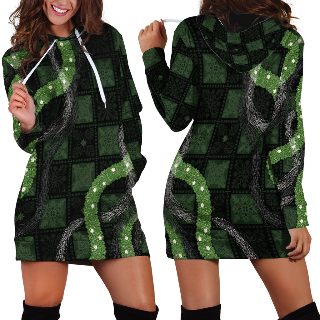 Hawaiian Quilt Hoodie Dress Pele Hair Hinahina Lei Black Version