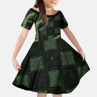 Hawaiian Quilt Kid Short Sleeve Dress Pele Hair Hinahina Lei Black Version