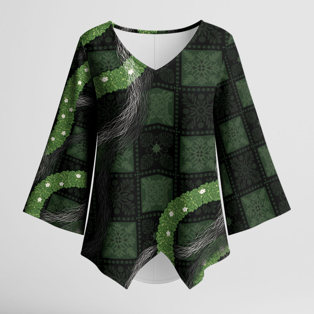 Hawaiian Quilt Kimono Sleeve Blouse Pele Hair Hinahina Lei Black Version