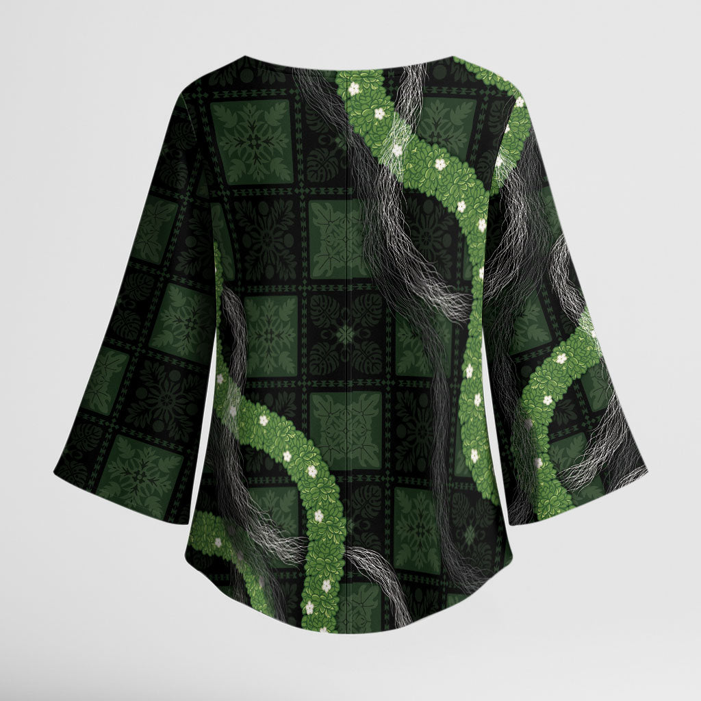 Hawaiian Quilt Kimono Sleeve Blouse Pele Hair Hinahina Lei Black Version