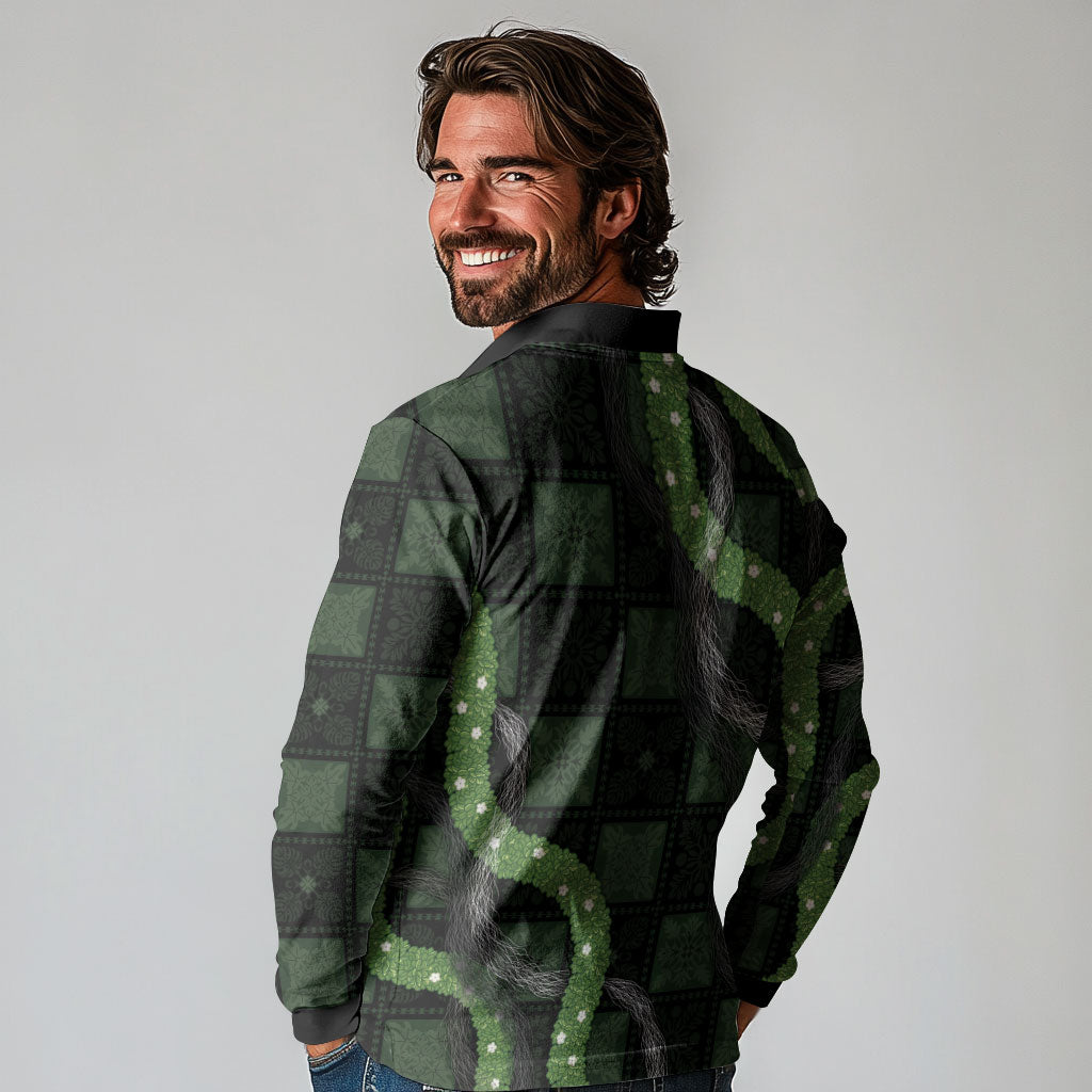 Hawaiian Quilt Long Sleeve Polo Shirt Pele Hair Hinahina Lei Black Version