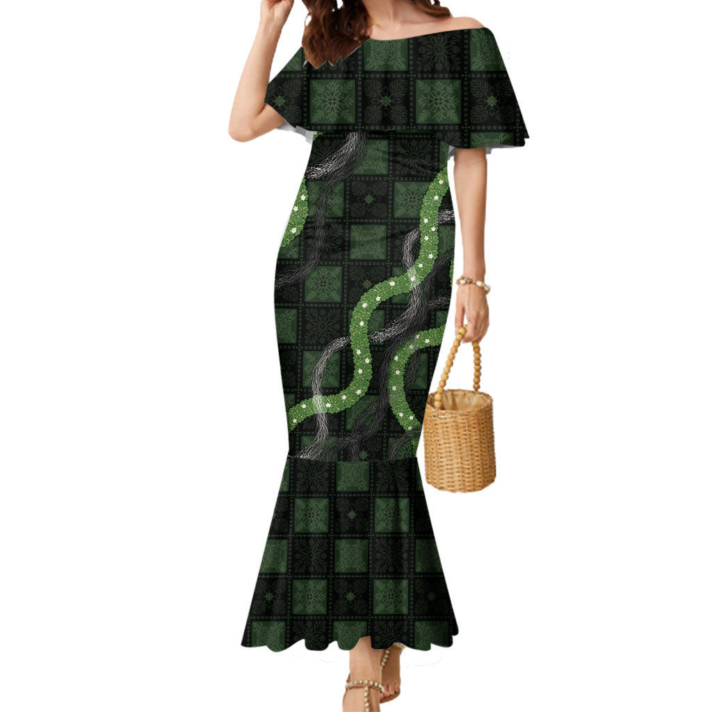 Hawaiian Quilt Mermaid Dress Pele Hair Hinahina Lei Black Version