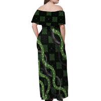 Hawaiian Quilt Off Shoulder Maxi Dress Pele Hair Hinahina Lei Black Version