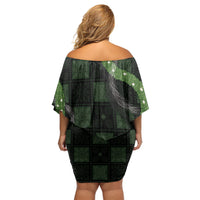 Hawaiian Quilt Off Shoulder Short Dress Pele Hair Hinahina Lei Black Version