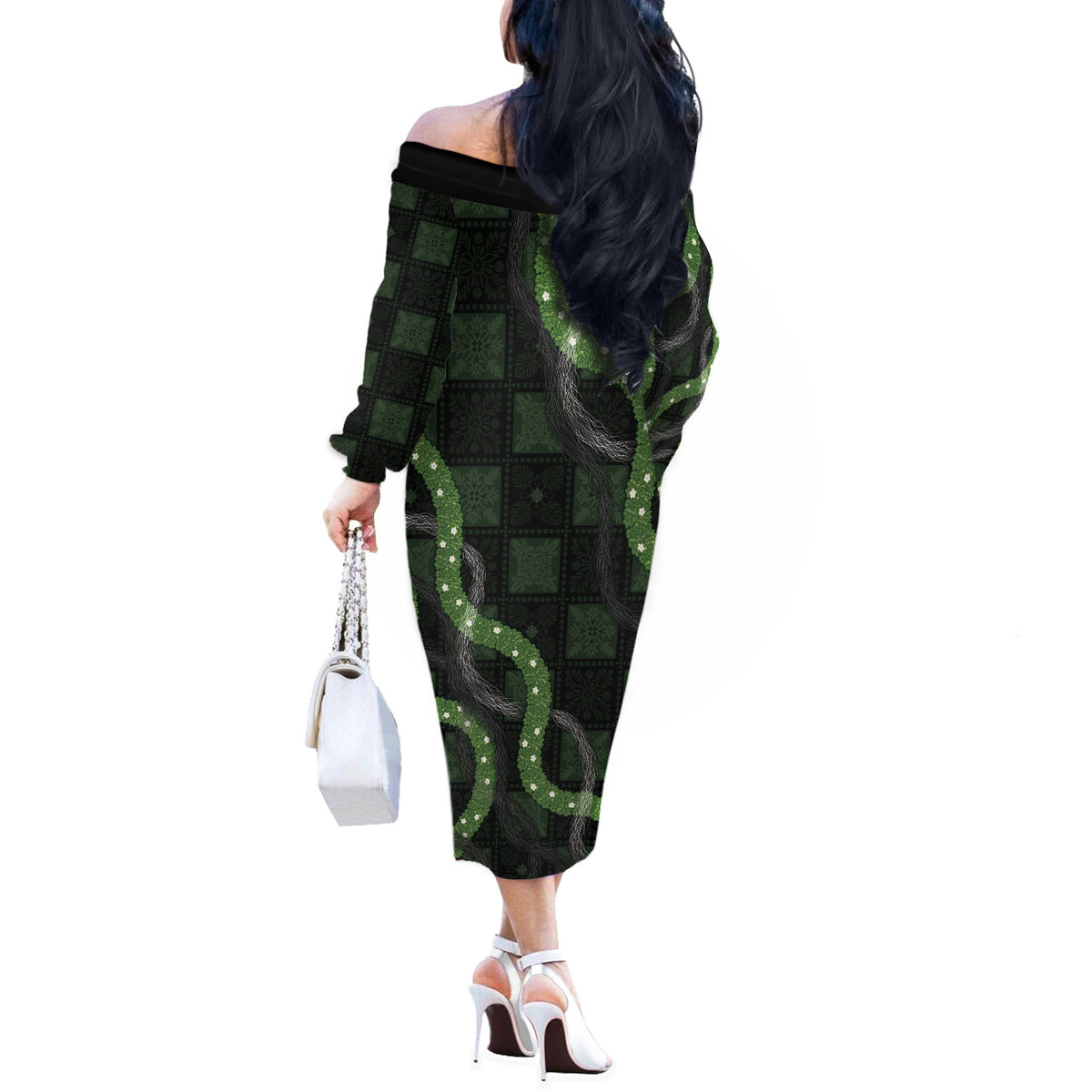 Hawaiian Quilt Off The Shoulder Long Sleeve Dress Pele Hair Hinahina Lei Black Version
