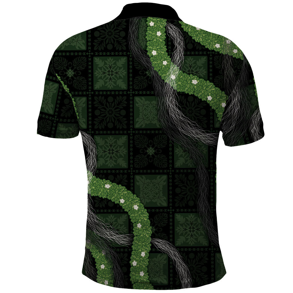 Hawaiian Quilt Polo Shirt Pele Hair Hinahina Lei Black Version