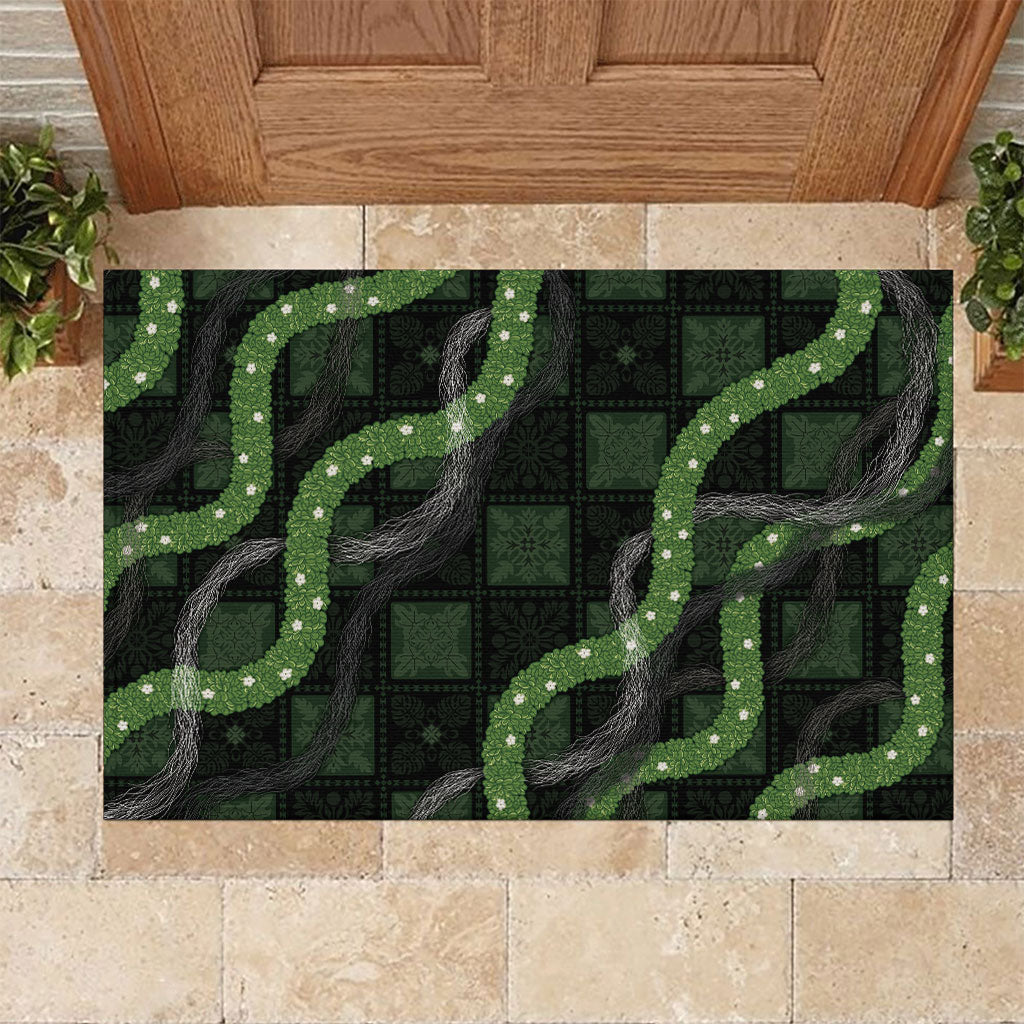 Hawaiian Quilt Rubber Doormat Pele Hair Hinahina Lei Black Version