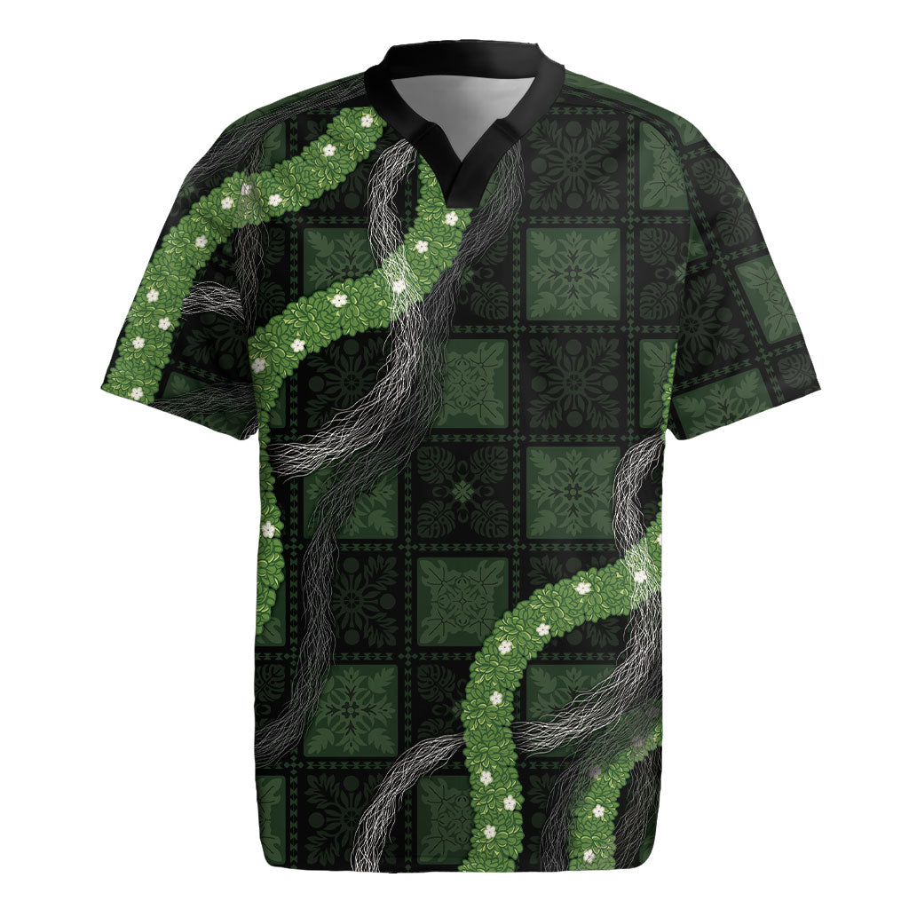 Hawaiian Quilt Rugby Jersey Pele Hair Hinahina Lei Black Version