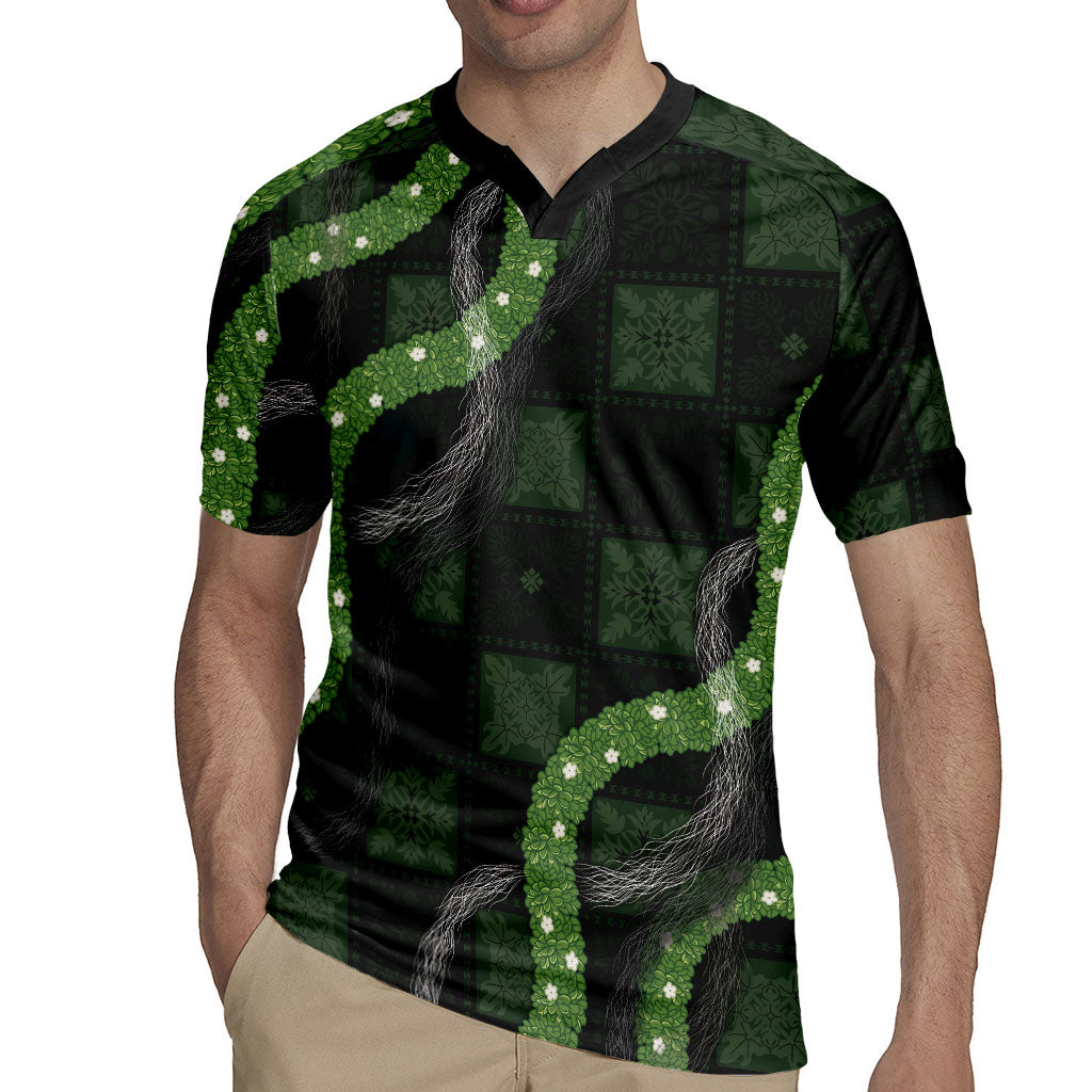 Hawaiian Quilt Rugby Jersey Pele Hair Hinahina Lei Black Version