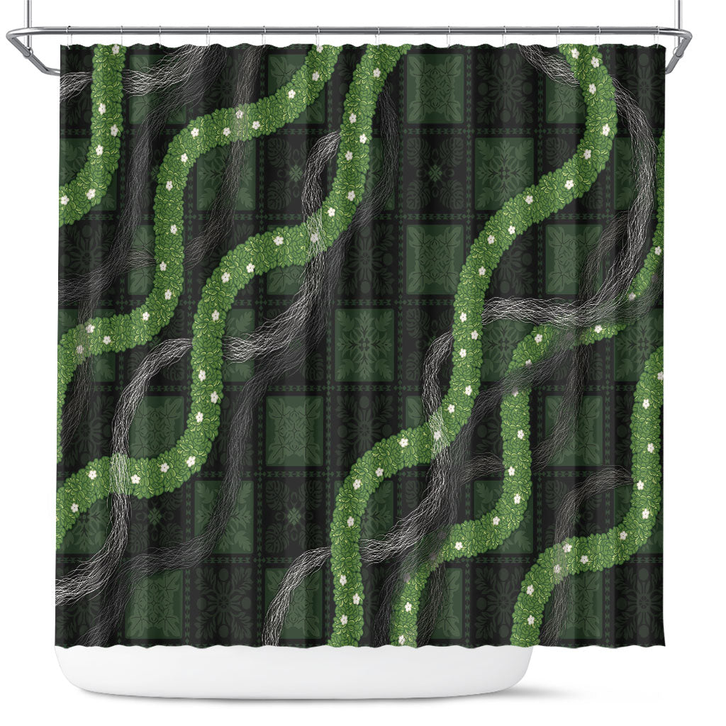 Hawaiian Quilt Shower Curtain Pele Hair Hinahina Lei Black Version