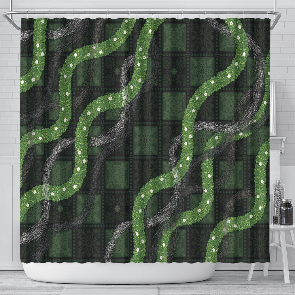 Hawaiian Quilt Shower Curtain Pele Hair Hinahina Lei Black Version