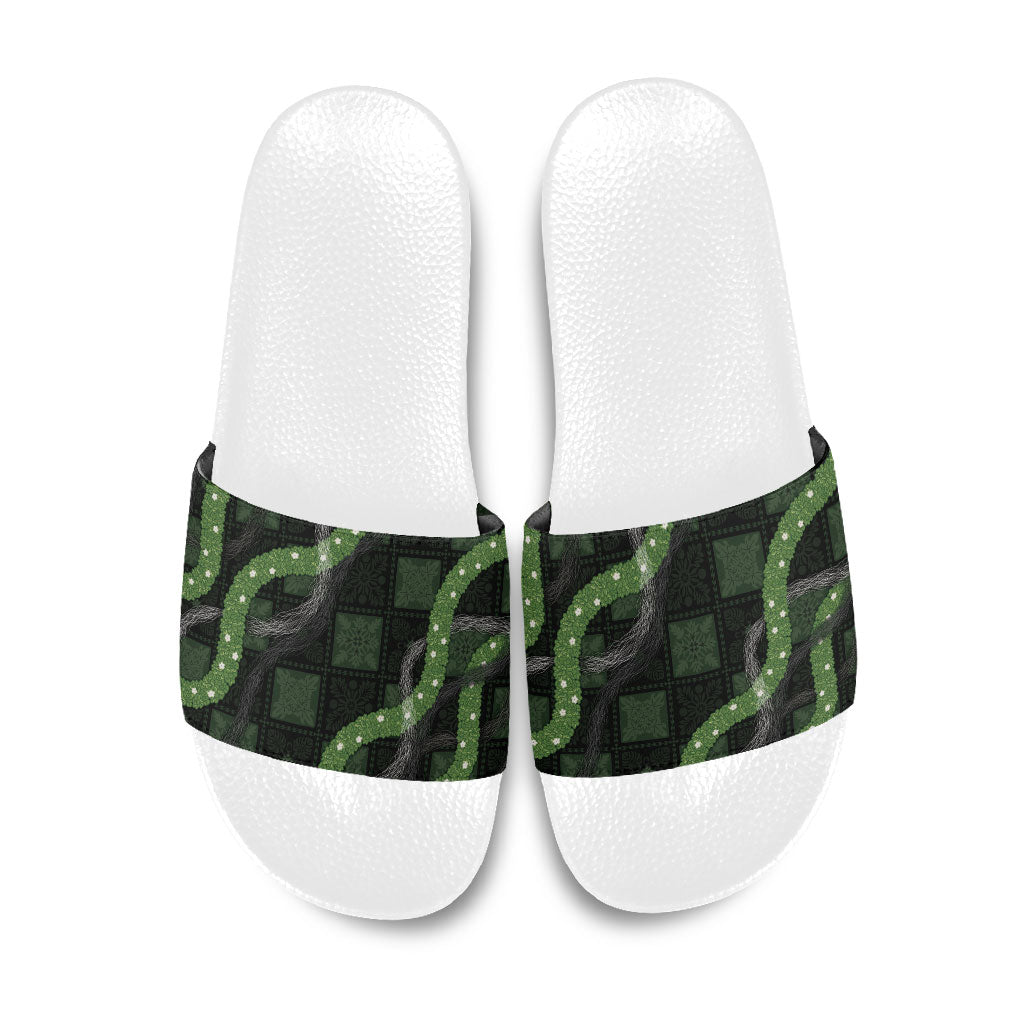 Hawaiian Quilt Slide Sandals Pele Hair Hinahina Lei Black Version