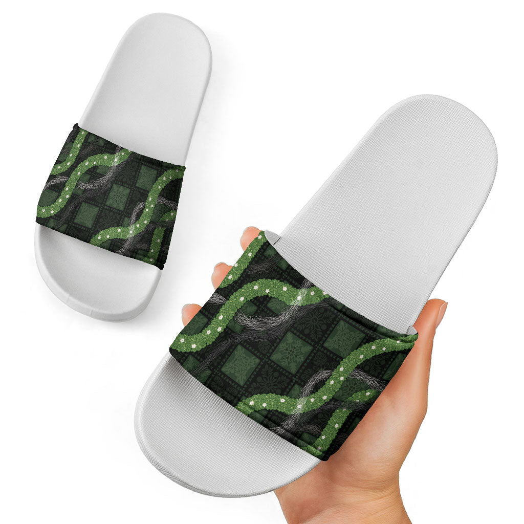 Hawaiian Quilt Slide Sandals Pele Hair Hinahina Lei Black Version