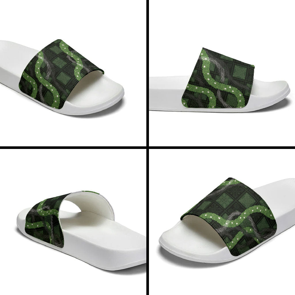 Hawaiian Quilt Slide Sandals Pele Hair Hinahina Lei Black Version
