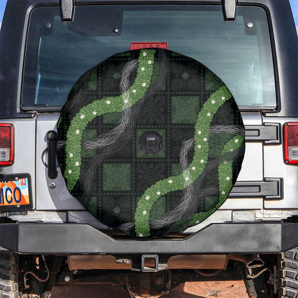 Hawaiian Quilt Spare Tire Cover Pele Hair Hinahina Lei Black Version