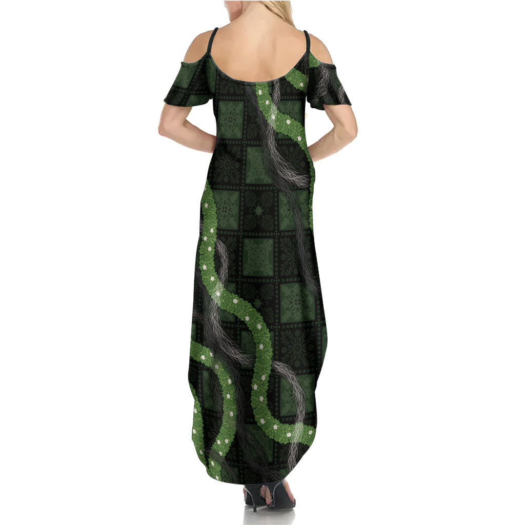 Hawaiian Quilt Summer Maxi Dress Pele Hair Hinahina Lei Black Version