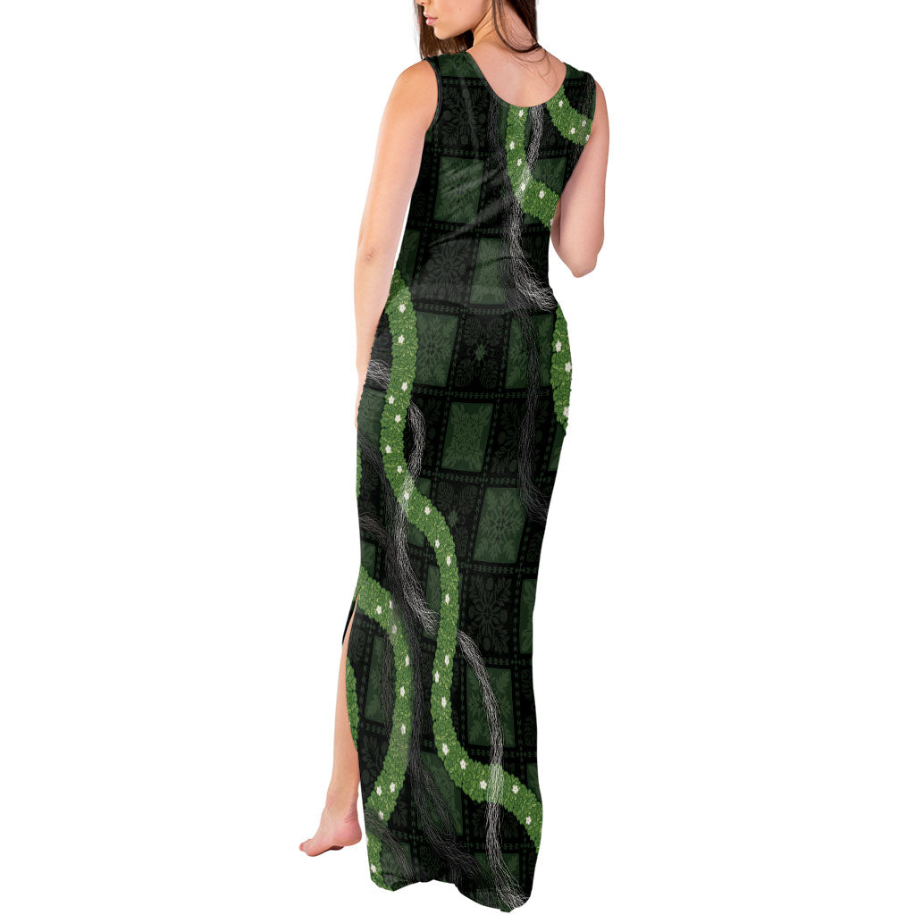 Hawaiian Quilt Tank Maxi Dress Pele Hair Hinahina Lei Black Version