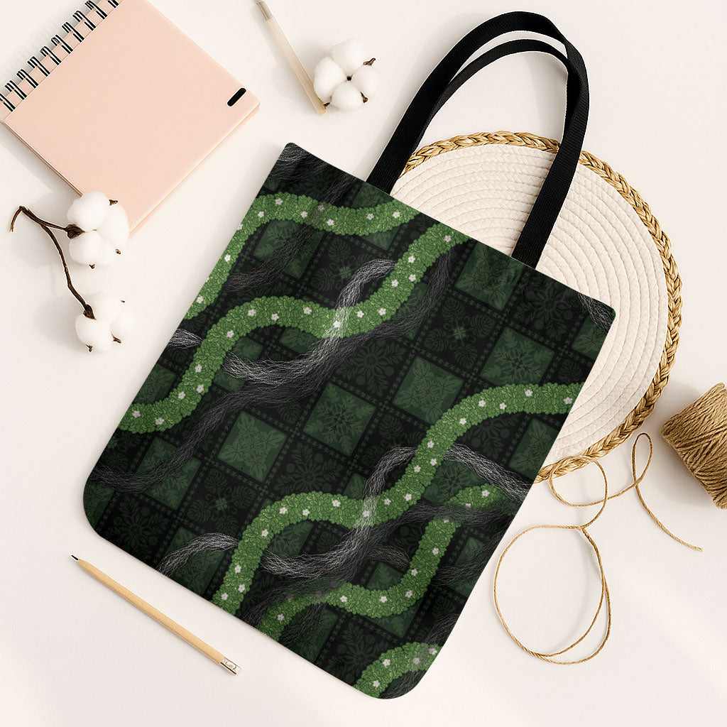 Hawaiian Quilt Tote Bag Pele Hair Hinahina Lei Black Version