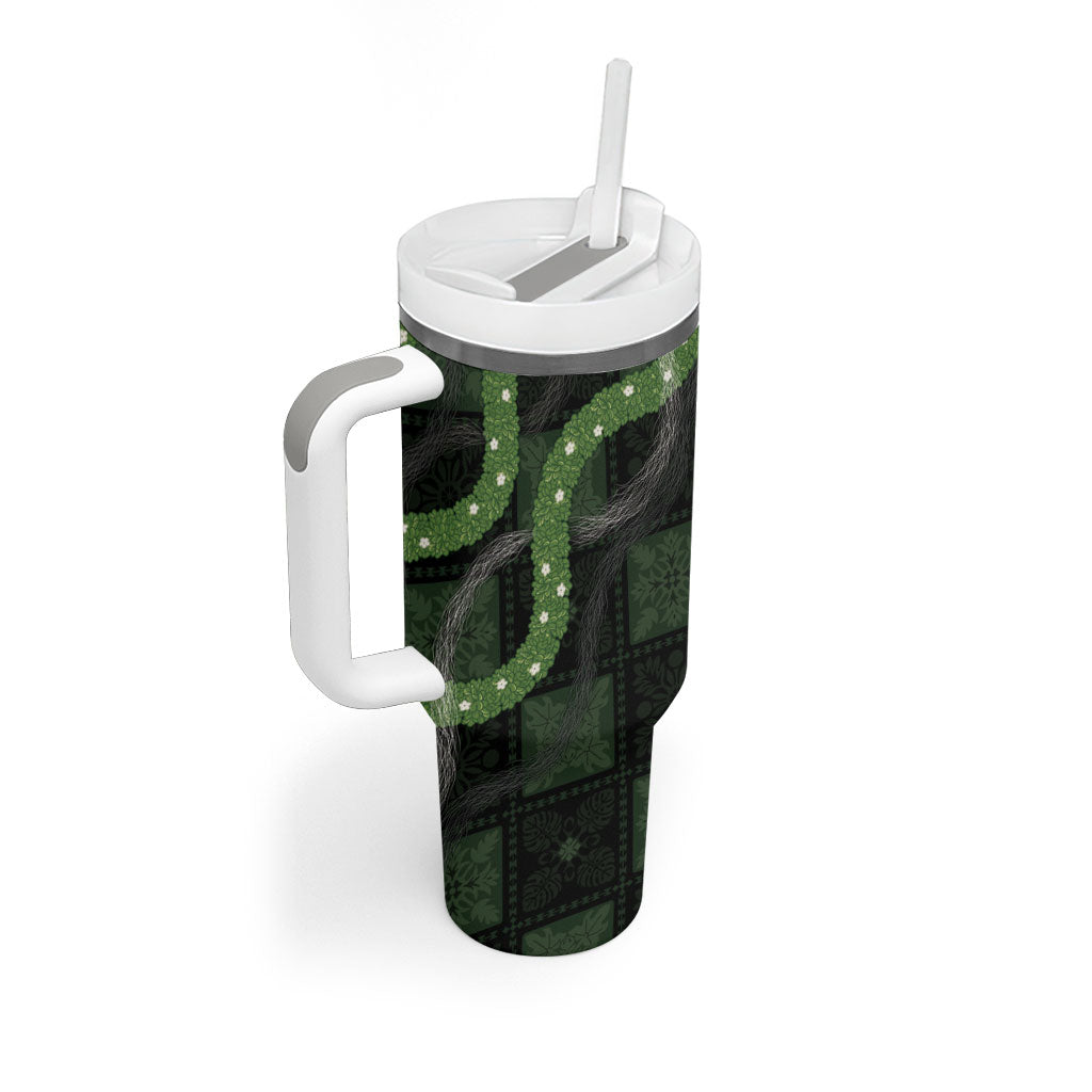 Hawaiian Quilt Tumbler With Handle Pele Hair Hinahina Lei Black Version