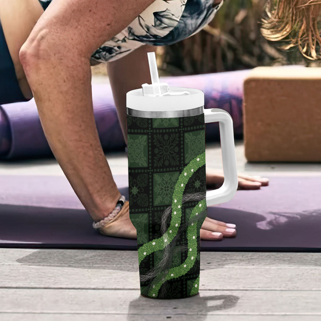 Hawaiian Quilt Tumbler With Handle Pele Hair Hinahina Lei Black Version