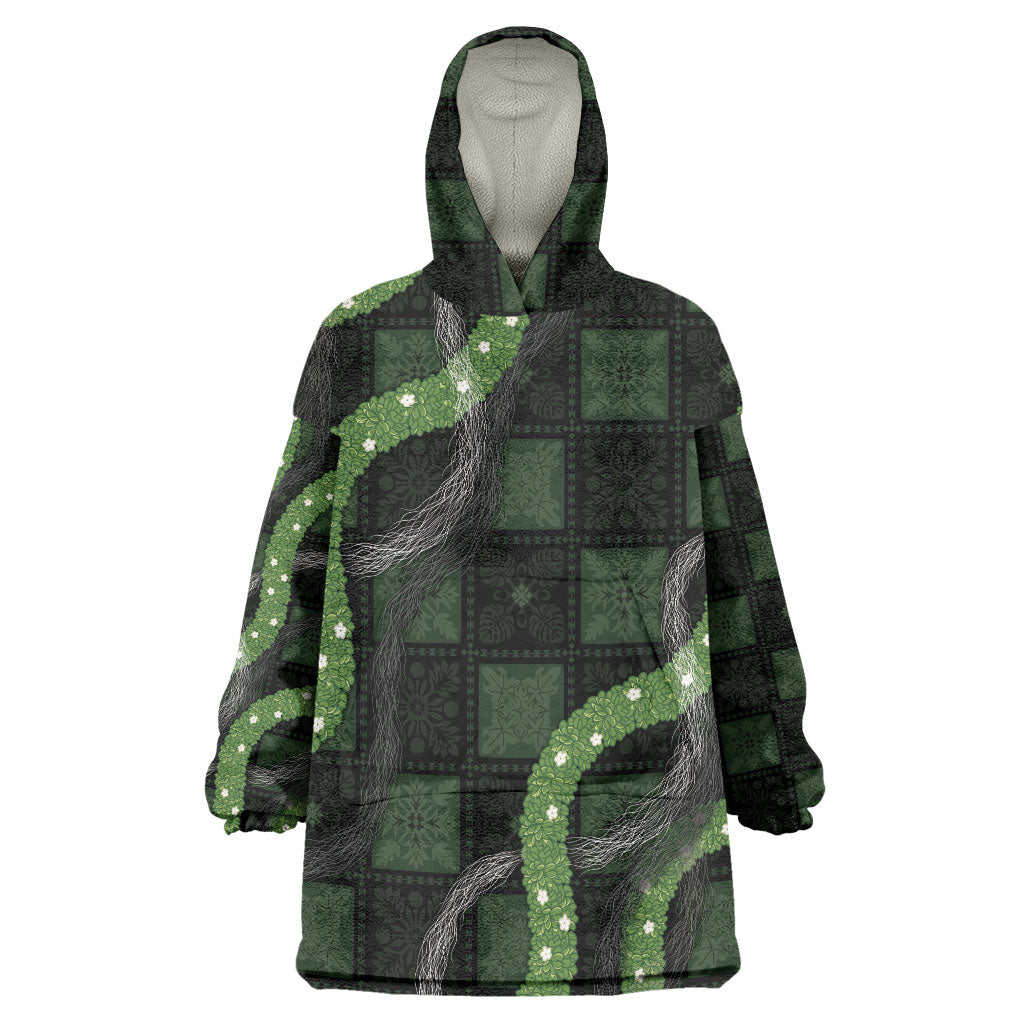Hawaiian Quilt Wearable Blanket Hoodie Pele Hair Hinahina Lei Black Version