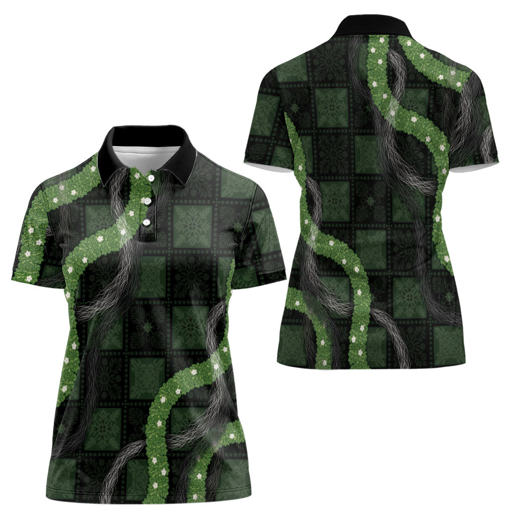 Hawaiian Quilt Women Polo Shirt Pele Hair Hinahina Lei Black Version