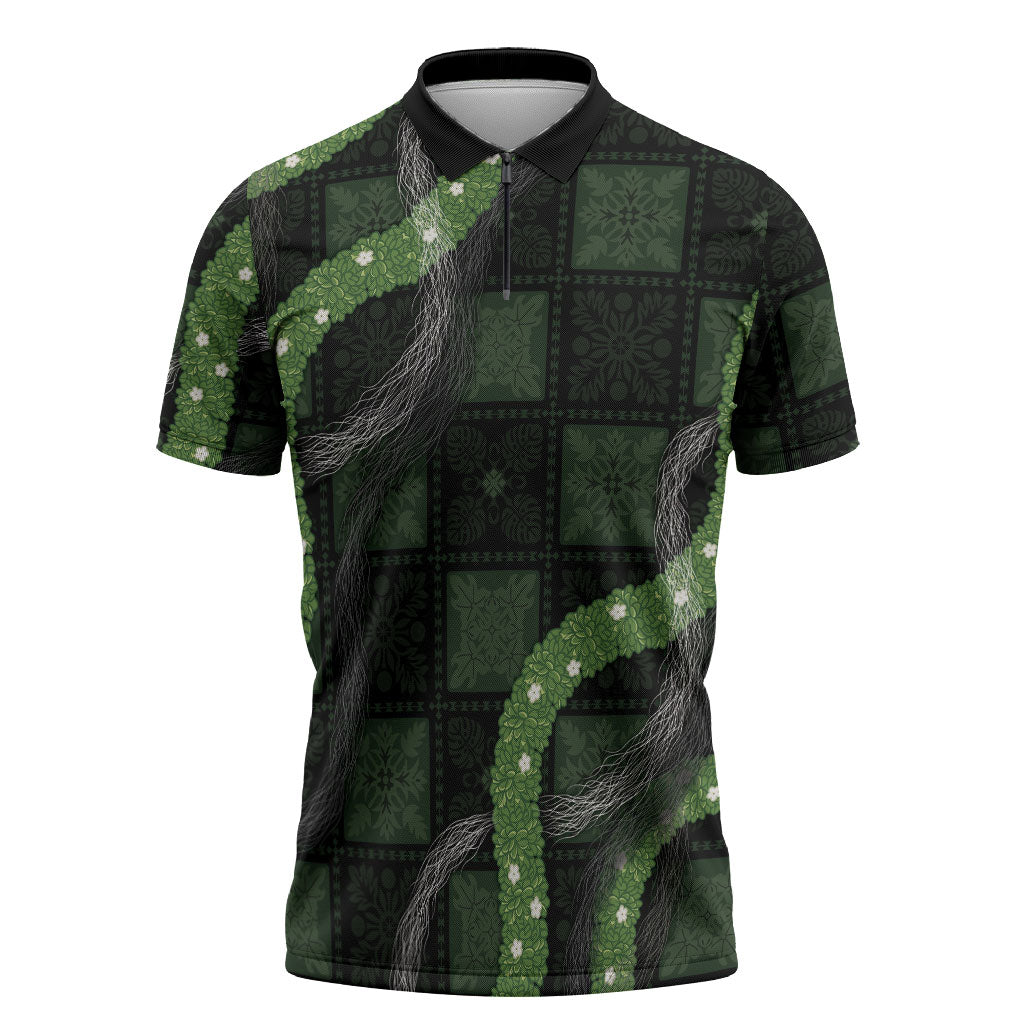 Hawaiian Quilt Zipper Polo Shirt Pele Hair Hinahina Lei Black Version