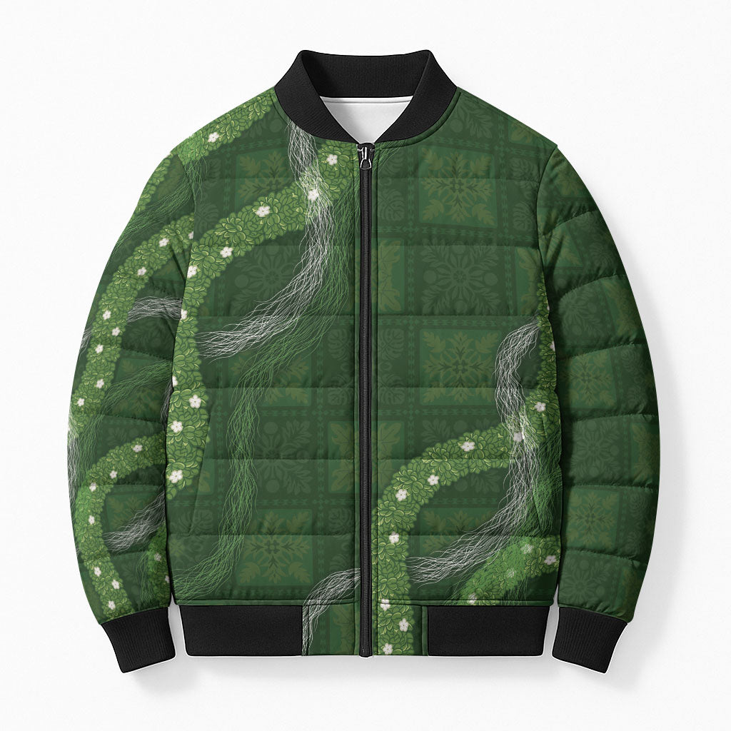 Hawaiian Quilt Bomber Puffer Jacket Pele Hair Hinahina Lei Green Version