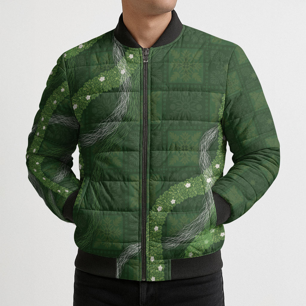 Hawaiian Quilt Bomber Puffer Jacket Pele Hair Hinahina Lei Green Version